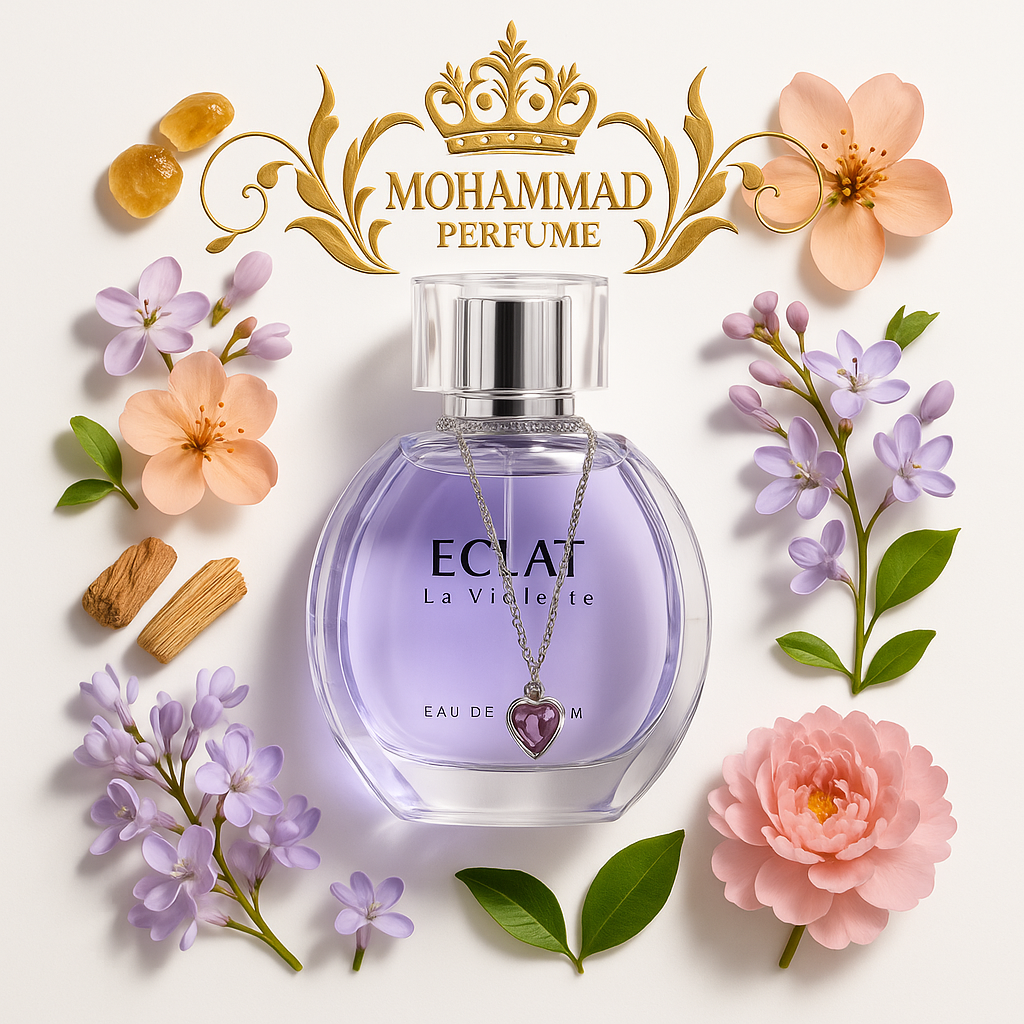 عطر زنانه ECLAT با بطری شفاف و لوگوی طلایی محمد پرفیوم روی زمینه سفید مینیمال، همراه با نمایش بصری نت‌های مشک، کهربا، سدر، گل ویستریا، شکوفه هلو، یاس بنفش، برگ درخت نارنج و گل صدتومانی به‌صورت عناصر طبیعی و لوکس؛ مناسب فروشگاه اینترنتی عطر و شبکه‌های اجتماعی. ECLAT women’s perfume bottle with gold MOHAMMAD PERFUME logo, placed on a pure white minimal background. The design elegantly features visual representations of top notes (musk, amber, cedar), heart notes (wisteria, peach blossom, lilac), and base notes (orange leaf, peony), radiating a luxurious and natural atmosphere—ideal for fragrance e-commerce and advertising.