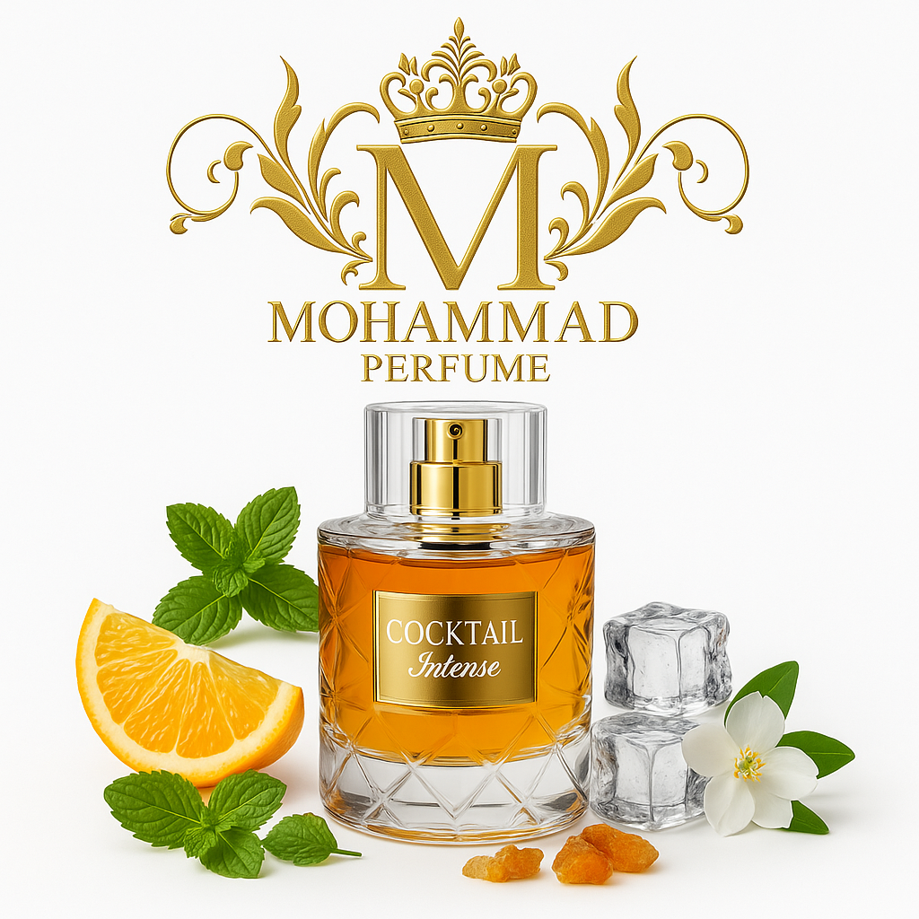 بطری شیشه‌ای عطر کوکتل با طراحی مینیمال و مایع شفاف، نمایش داده شده روی پس‌زمینه سفید برای معرفی عطر لوکس و مدرنCOCKTAIL perfume bottle with transparent liquid and gold logo on a white minimalist background, high-end product photography for online shop