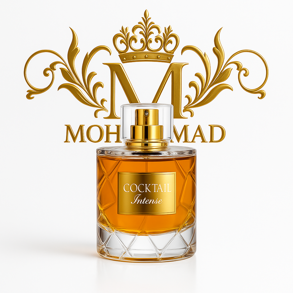 تصویر عطر COCKTAIL مدل اینتنس با شیشه شفاف، نورپردازی طبیعی و لوگوی طلایی برند در بالا، ویژه گالری محصولات فروشگاه عطرCOCKTAIL perfume bottle with transparent liquid and gold logo on a white minimalist background, high-end product photography for online shop